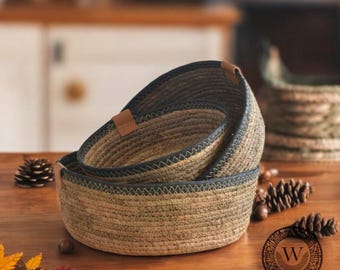 Boho Woven Rattan Basket, Decorative Fruit Bowl, Tabletop Organiser