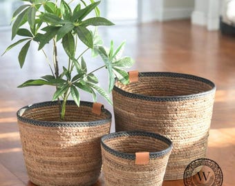 Nordic Plant Basket, Rattan Woven Basket, Round Shape Basket, Decorative Storage Basket, Aesthetic Home Decor, Rustic Storage Display