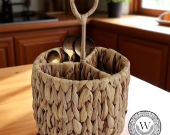 Handwoven Rattan Cutlery Caddy, Rustic Kitchen Organizer