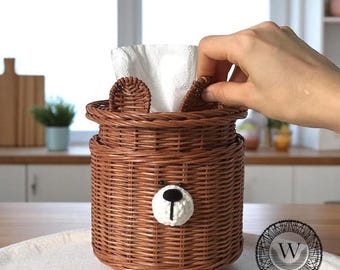 Caja de pañuelos de ratán tejida a mano con forma de oso, decoración para habitación infantil