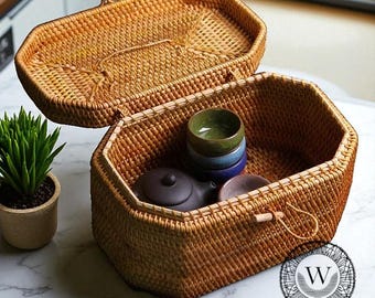 Cesta de ratán minimalista, organizador rústico para el hogar, caja de té de mimbre