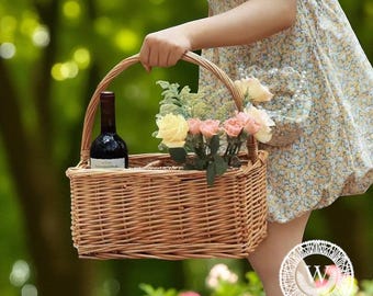 Cesta de picnic de ratán, cesta de mimbre dividida, organizador rústico