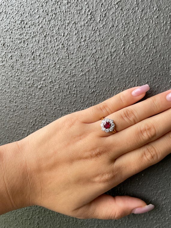 London Antique* Ruby cluster ring with diamonds c… - image 7