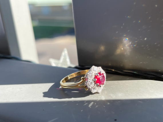 London Antique* Ruby cluster ring with diamonds c… - image 1