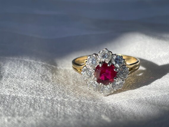London Antique* Ruby cluster ring with diamonds c… - image 4