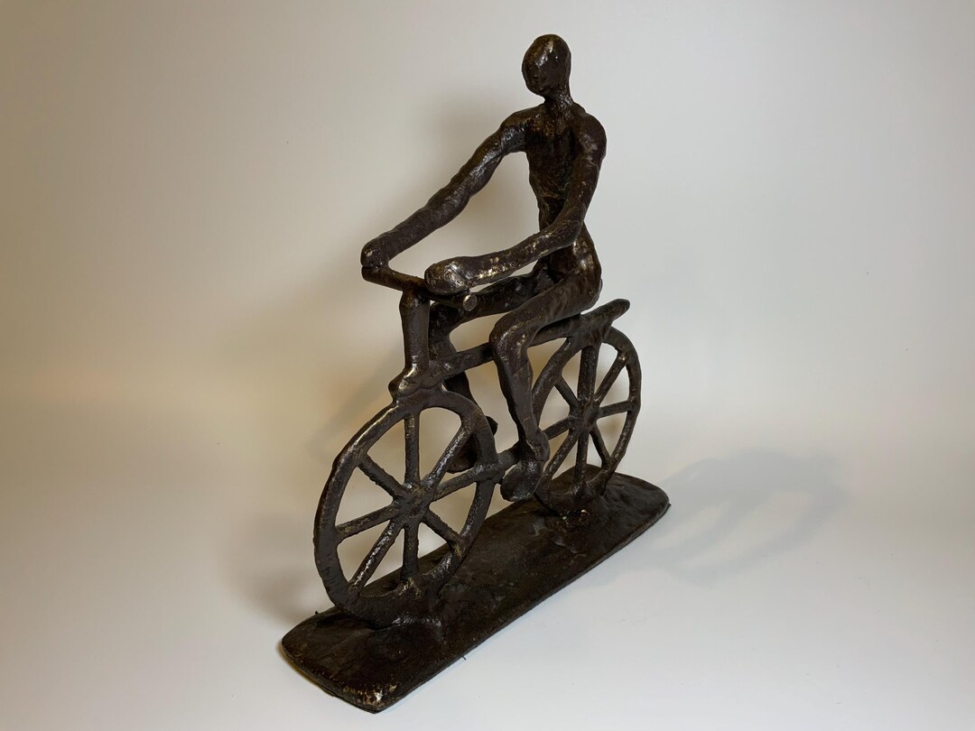 Vintage Bronze Cast Iron Handmade Hammered Bicycle With Man Statue Art ...