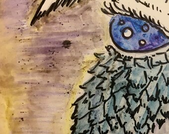 May include: A watercolor painting of a creature with a white head, blue eyes, and a blue and white body. The creature has a spiky head and long, thin legs. The background is a light purple and yellow.