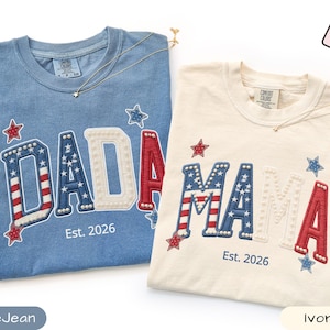 Comfort Colors Patriotic Mama Shirt, Personalized Est 2026 Mama Tee, 4th Of July Mom Gift, American Flag Faux Patchwork Shirt Women