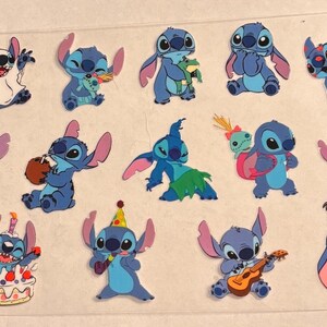 May include: A collection of twenty individual vinyl stickers featuring the blue alien character Stitch in various poses, including wearing a party hat, playing a guitar, eating cake, and holding different items, all arranged on a clear backing sheet.