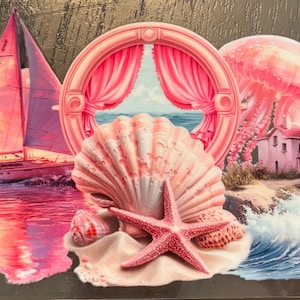 May include: A nautical-themed artwork featuring a pink and white lighthouse, sailboat, anchor, and seashell. The artwork includes a starfish, a ship's wheel, and a jellyfish. The background depicts a sunset over the ocean.