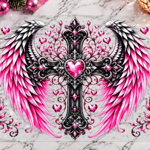 May include: A sheet of temporary tattoos featuring a large central black cross with vibrant pink wings and a heart-shaped gemstone at the center. The design includes smaller matching crosses, winged hearts, and pink feathers on a white background.