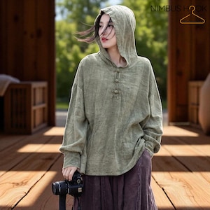 Hooded Linen Cotton Blend Shirt: Relaxed Boho Henley Tunic