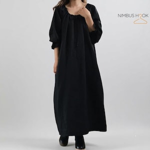 Boho Linen Maxi Dress – Soft A-Line O-Neck Mid-Calf Dress with Puff Sleeves, Spring Summer Casual Long Dress, Cottagecore Style
