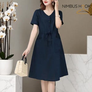 Cotton Linen Midi Dress: V-Neck A-Line Spring Summer Outfit