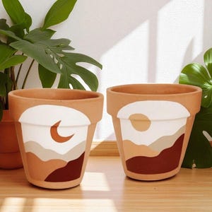 Hand-Painted Sun and Moon Terracotta Planter: Boho Plant Pot with Drainage