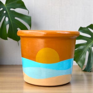 Hand-Painted Terracotta Planter: Boho Sunset Design, Drainage Hole