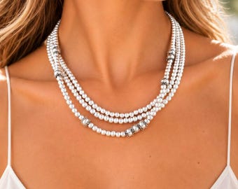 Layered Statement Silver Beaded Necklace, Handmade Personalized Jewelry by Kekugi,