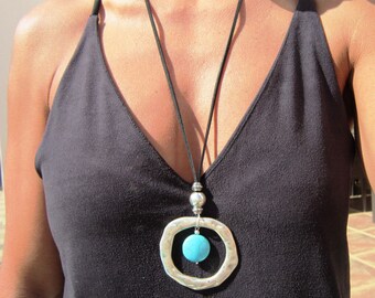 turquoise necklace, long statement pendant necklaces for women, boho jewelry