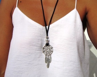 collana da sogno, collana di pelle lunga, collane dreamcatcher, gioielli boho, gioielli indiani, gioielli nativi americani