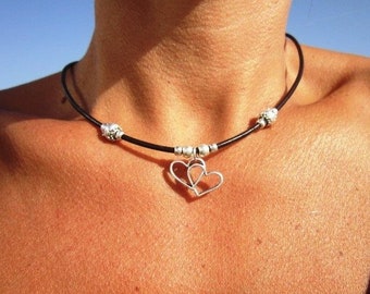 Heart necklace pendant, heart jewelry choker necklace, leather Chokers, Choker necklaces, leather Choker necklace, silver chokers