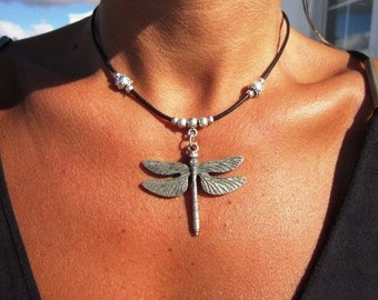 Dragonfly leather necklace, dragonfly necklace, silver dragonfly pendant, silver jewelry, fashion jewelry