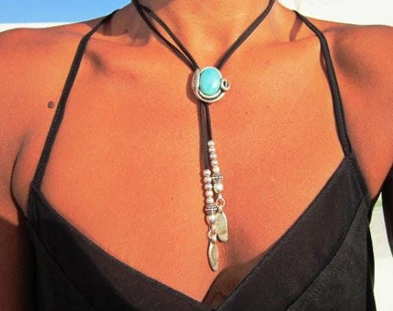 lariat choker  turquoise jewelry, necklace beaded lariat, womens Y necklace silver