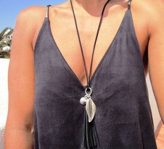 long leather tassel necklace , bohemian jewelry boho necklace, silver fashion jewelry