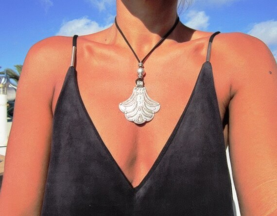 Statement Silver Chunky Pendant leather neotribal Necklace • Bohemian Jewelry Best Selling Items • Gift for Her • Neotribal Jewelry