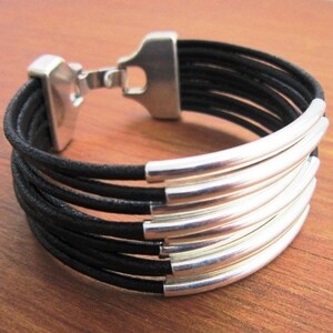 Women's leather bracelet, multi strand Black leather bracelet, custom handmade jewelry for Her image 2