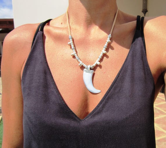 Statement Silver Chunky Pendant leather tusk Necklace • Bohemian Neotribal Jewelry • Custom necklace Top sellers • Host Gift for Her
