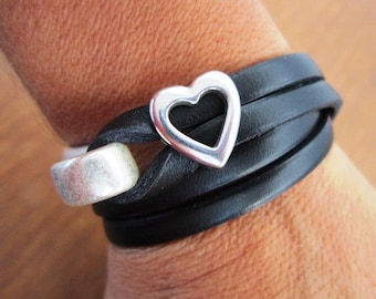 silver heart, leather bracelet with heart, heart bracelet, heart jewelry, womens bracelets, arm candy, wrist band, leather wrap bracelet