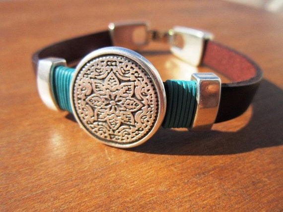 Flower Bracelet, bohemian bracelet, Women's leather bracelet, Silver  Bracelet, leather bracelet, minimalism jewelry