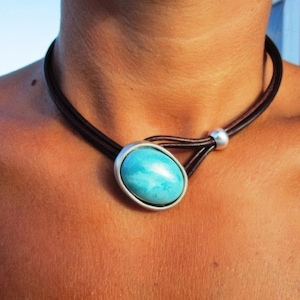 Turquoise Leather Choker Necklace • Silver couples Necklaces for Women • Bohemian Handmade Turquoise Jewelry • Best selling items by kekugi zdjęcie 2