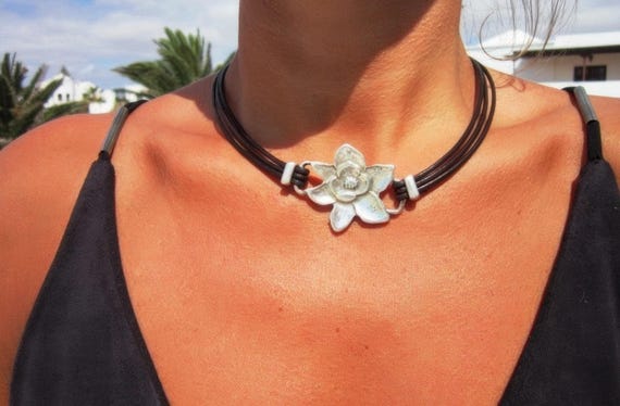 Statement Pendant Charm Orchid Necklace • Leather Silver Beaded Necklaces for Women • Handmade Personalized Jewelry Best selling items Gifts
