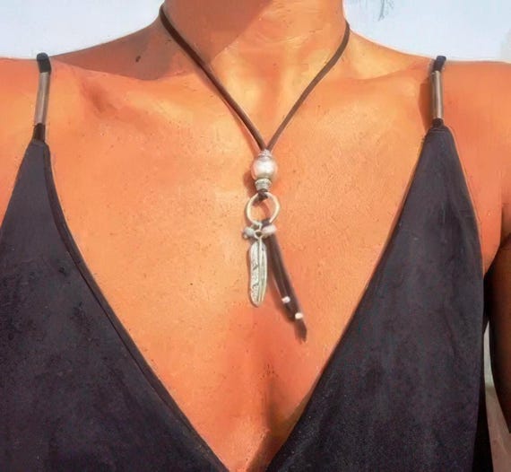 Statement Silver Chunky Pendant leather Necklace • Bohemian Jewelry Best Selling Items • Gift for Her • Neotribal Jewelry Boho Necklace