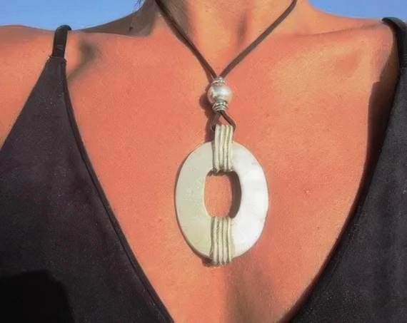 Boho Leather and Silver Beaded Pendant Ring Necklace • Long Statement Chunky Charm Necklace Gift for Her • Bohemian Jewelry Gift for Host