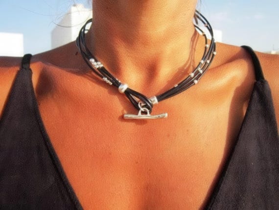 Leather Choker Couples Necklace • Silver Necklaces for Women or Mama • Bohemian Handmade Personalized Jewelry • Best selling items by Kekugi