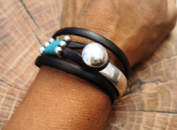 Black Leather and Silver Handmade Wrap Bracelet Women's 