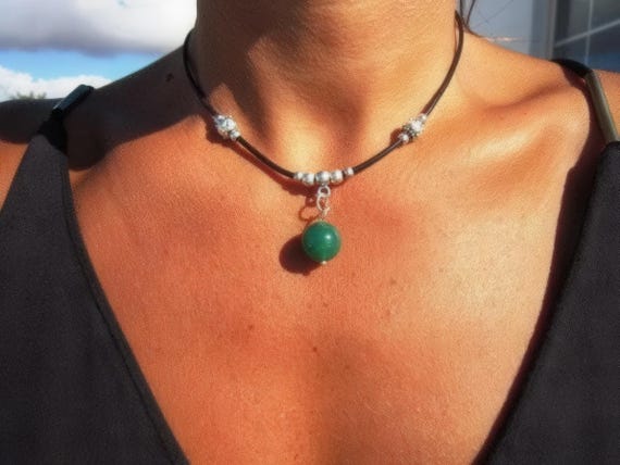 Leather Green Agatha Birthstone Necklace • Silver Beaded Charm, Bohemian Jewelry