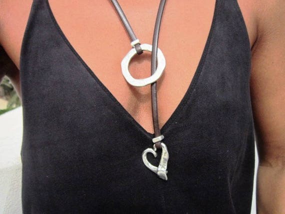 heart necklace choker, ring and heart pendant necklace, silver jewelry for women, Lariat Simple Layering Necklace