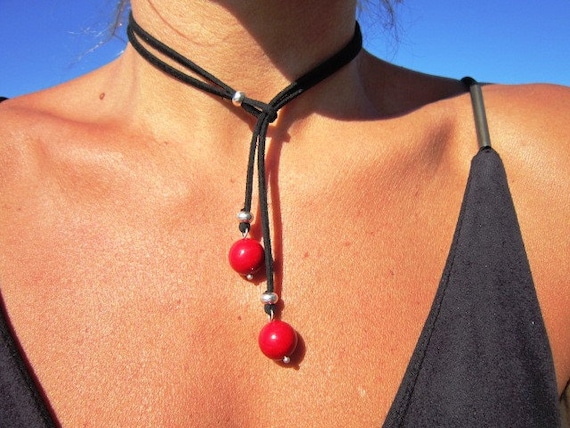 red stone Y necklace, lariat silver necklace, fashion jewelry, Diane Keaton style necklace
