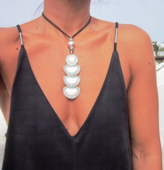 Statement Silver Chunky Pendant leather Necklace • Bohemian Neotribal Jewelry Boho Necklace