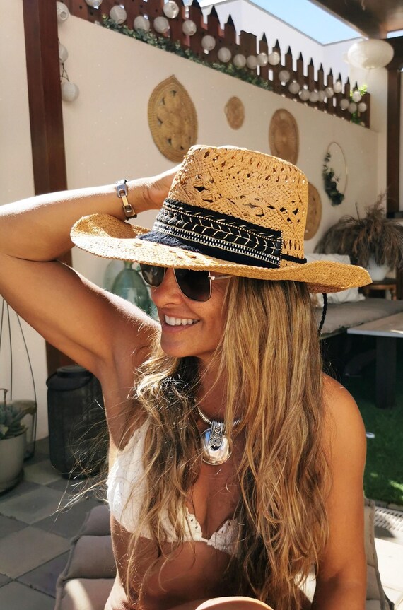 Cowboy straw Hat for Bride or bachelorette party, Coastal cowgirl hat, Handmade hats Bohemian festival Summer Accessory