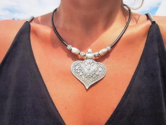 Couples Beaded Necklace with Silver Heart Pendant Charm • Bohemian Handmade jewelry Necklaces for Women • Personalized Jewelry Gift for Her