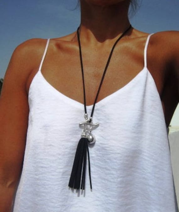 Black tassel beaded necklace, leather and silver bead necklace, long tassel necklaces, boho tassel necklace