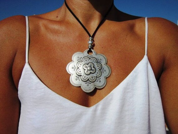 Boho necklace, leather necklaces for women, long pendant necklace, Flower necklace, silver necklace, leather cord necklace, necklace boho