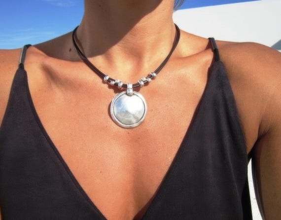 Handmade Silver Choker Necklace with Nature-Inspired Pendant - Unique Leather Jewelry for Women