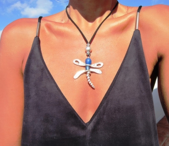 Dragonfly pendant necklace, long necklace, sea glass necklace, silver necklace, bohemian necklace, boho jewelry, pendant, costume jewelry