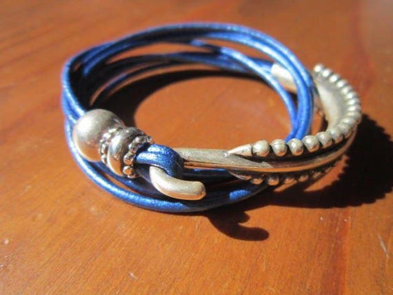 Leather & Silver Charm Beaded Blue Bracelet • Handmade Jewelry Gift for Her • Custom Bracelet gift • Personalized jewelry gifts by kekugi