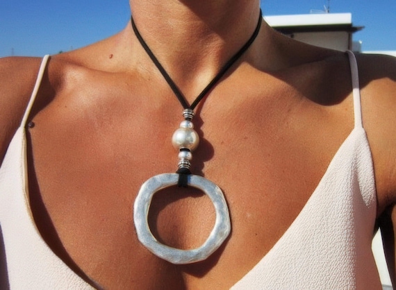 Boho Leather and Silver Beaded Pendant Ring Necklace • Long Statement Chunky Charm Necklace Gift for Her • Bohemian JewelryGift for Host